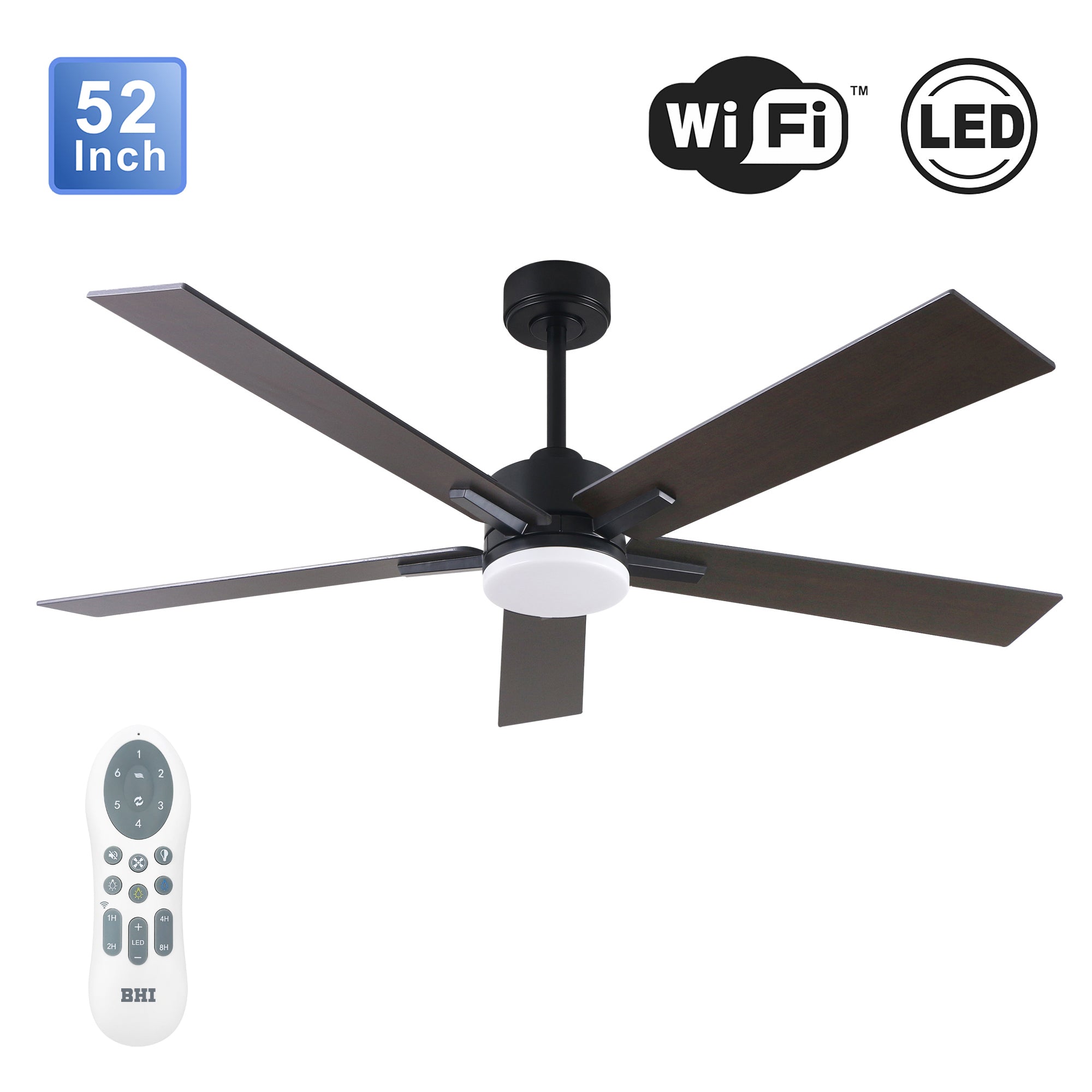 BHI 52’’ 5 Blades Smart Indoor Walnut&Oak LED Ceiling Fan 6-Speed with Light Kit Included