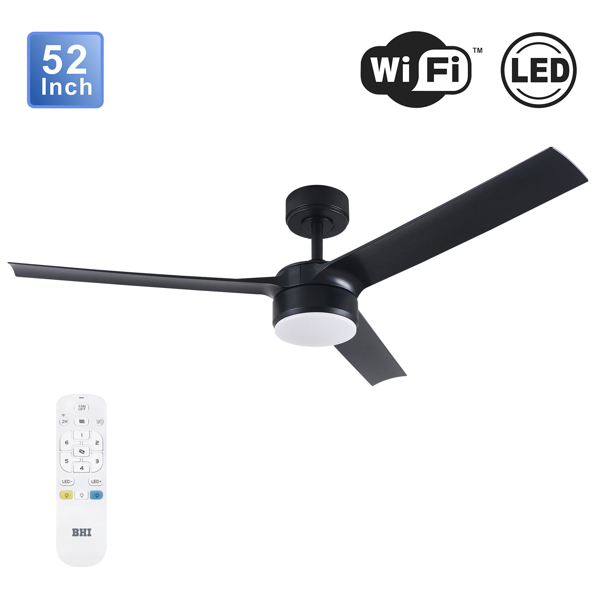 BHI 52’’ 3 Blades Smart Indoor Matt Black LED Ceiling Fan 6-Speed with Light Kit Included