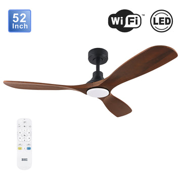 BHI 52’’ 3 Wood Blades Smart Indoor Walnut LED Ceiling Fan 6-Speed with Light Kit Included